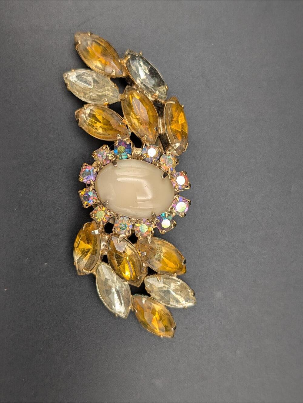 Vintage Amber Citrine Marquis Glass Brooch Aurora Borealis Milk Stone Pin 1950s
